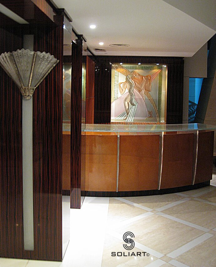 Glass art doors behind counter